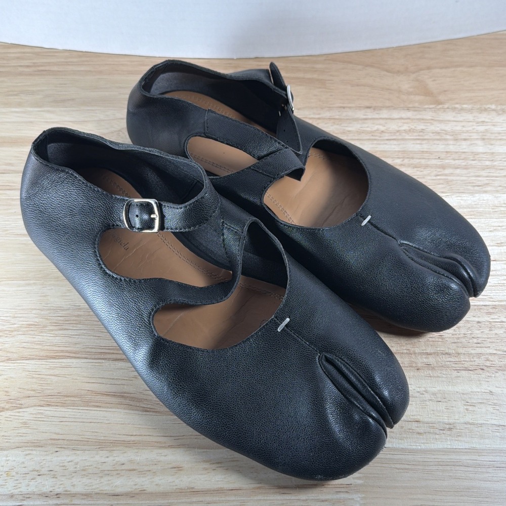 Maison Martin Margiela Double Strap TABI Black Ballet Leather Flats EU 38 US 7.5